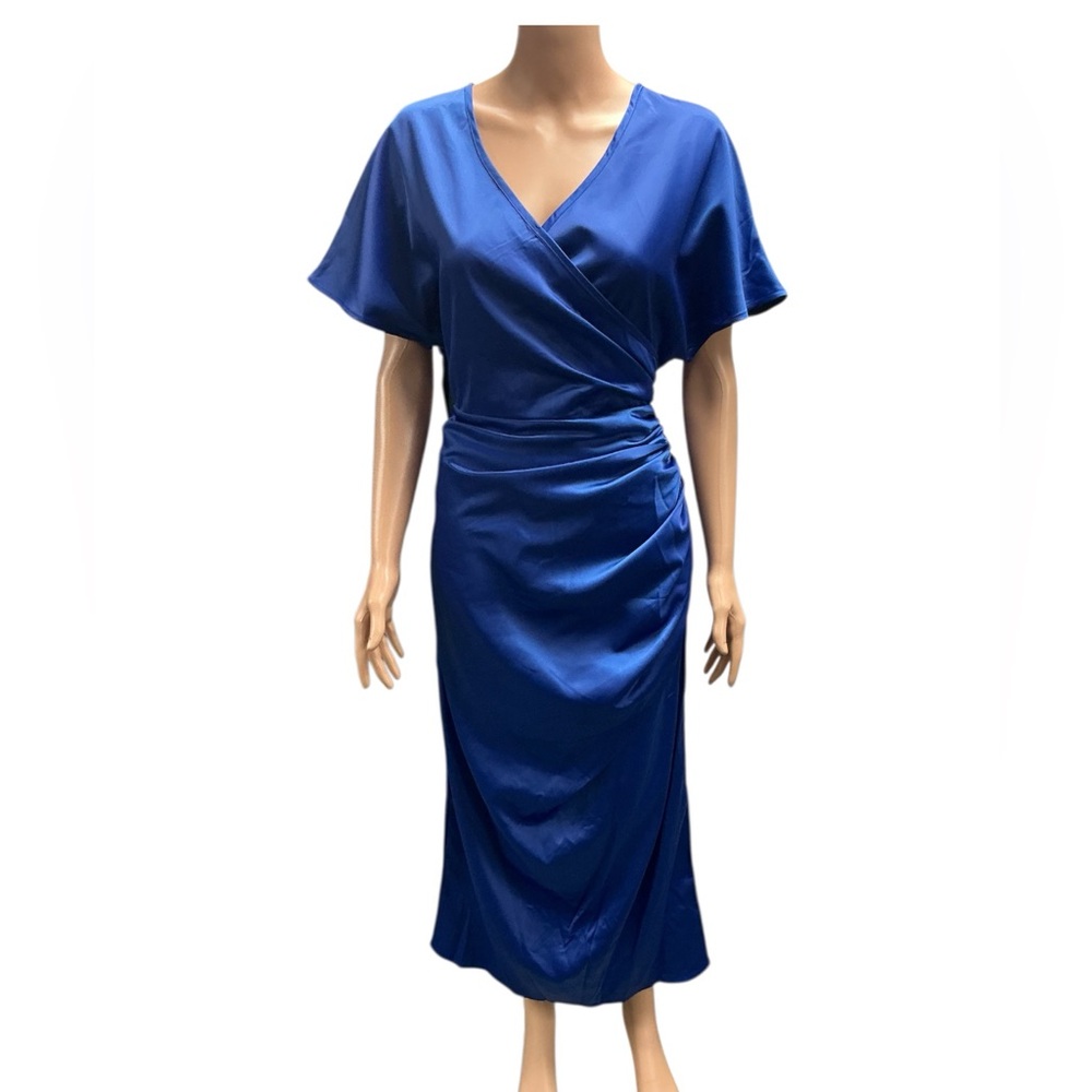 OSHOPLIVE - NWT - Satin Wrap-Style Cobalt Blue Midi Dress